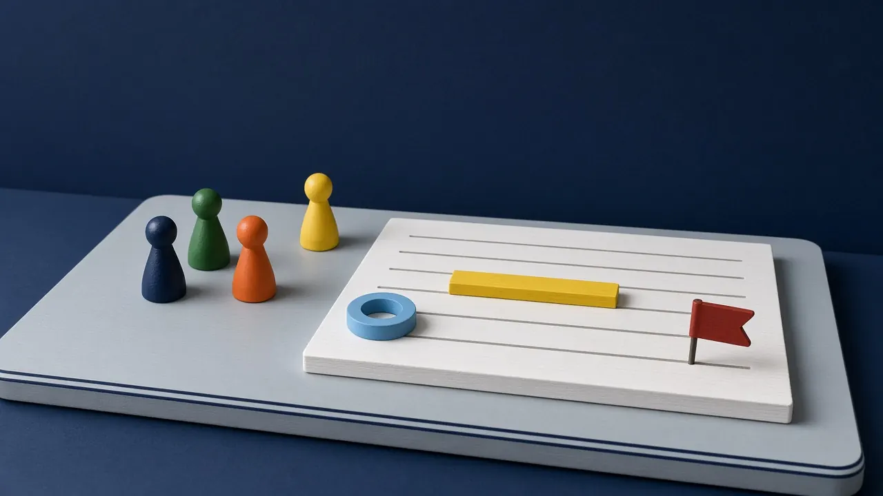 Spielfiguren vor einem Holzbrett wie ein Angebot, darauf Markierstift, Lupe und eine rote Fahne