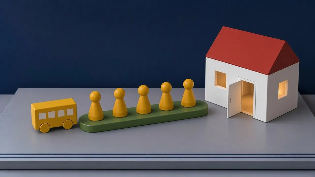 Ein gelber Bus und fünf gelbe Spielfiguren auf einem grünen Streifen, der zu einem weißen Haus mit rotem Dach führt