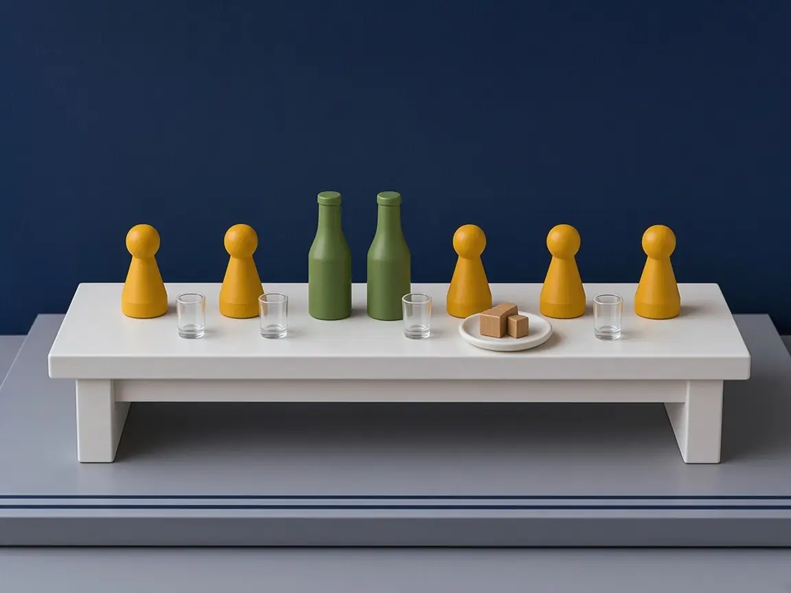 Sechs gelbe Spielfiguren auf einem langen weißen Tisch mit Gläsern, zwei grünen Flaschen und einem Teller