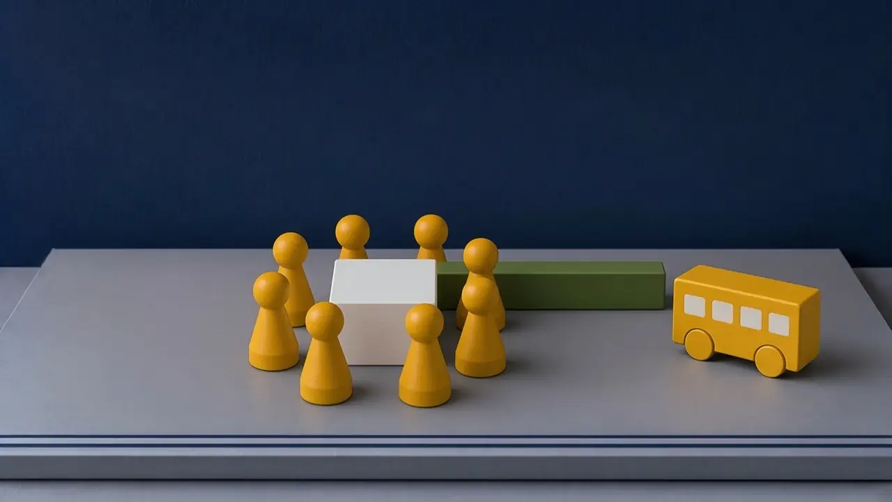 Neun gelbe Spielfiguren um einen weißen Block, dahinter eine grüne Rebzeile und ein gelber Bus