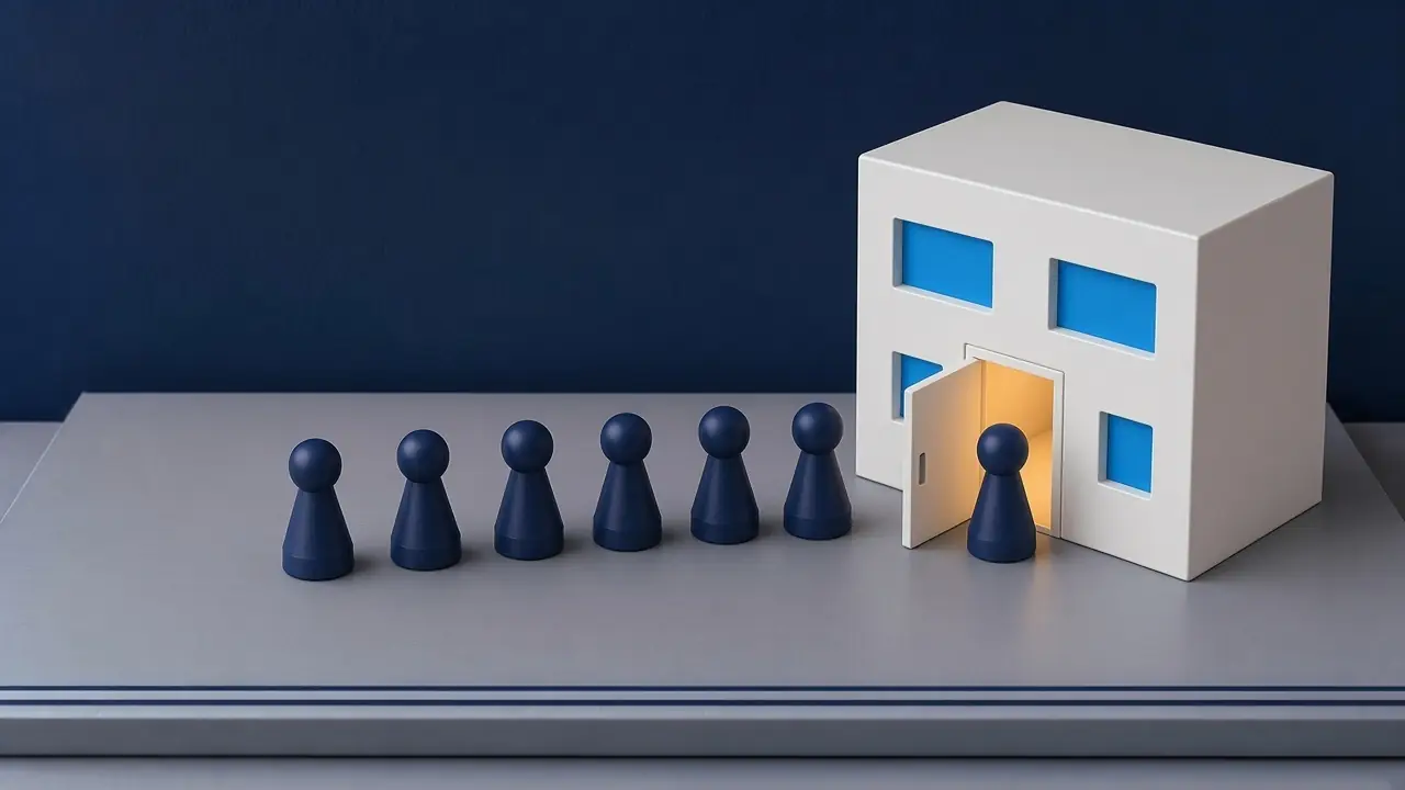 Sieben Spielfiguren in Navy, eine davon an der offenen und beleuchteten Tür eines weißen Hotels mit himmelblauen Fenstern