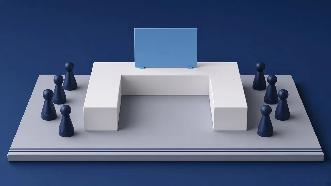 Acht Spielfiguren in Navy um einen weißen Tisch in U-Form vor einer himmelblauen Tafel