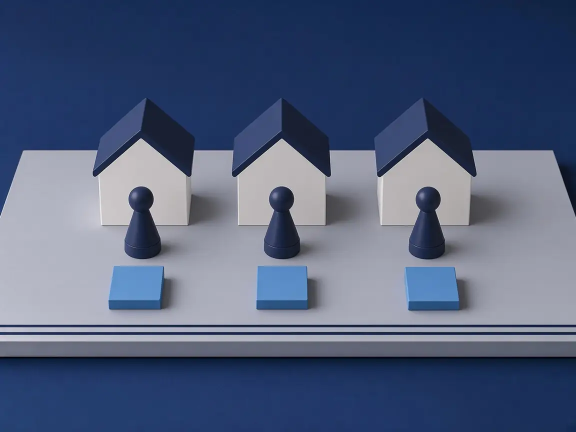 Drei weiße Häuser mit Dächern in Navy, vor jedem eine Spielfigur und ein gleich großer himmelblauer Block