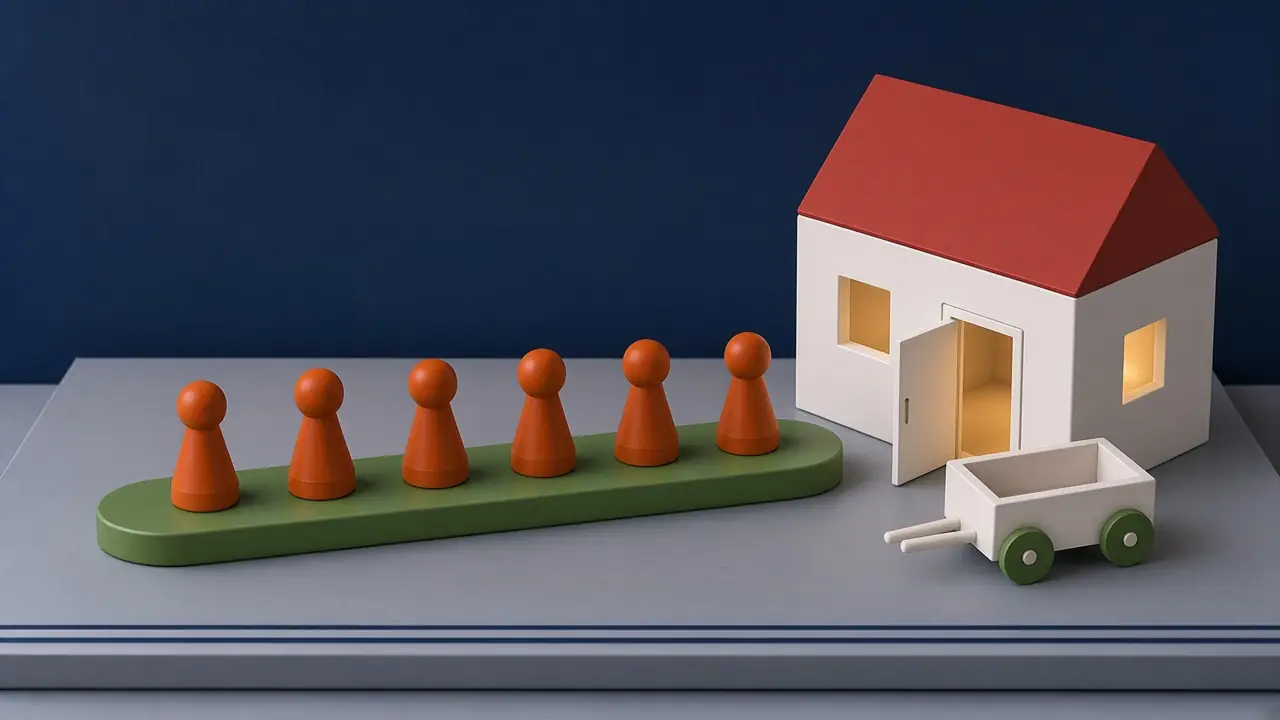 Sechs orangefarbene Spielfiguren auf einem grünen Weg zu einem weißen Haus mit rotem Dach, beleuchteten Fenstern und offener Tür, davor der Bollerwagen
