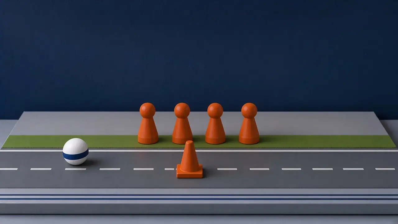 Vier orangefarbene Spielfiguren am grünen Straßenrand, auf der Straße eine weiße Kugel mit blauem Band und ein orangefarbener Leitkegel