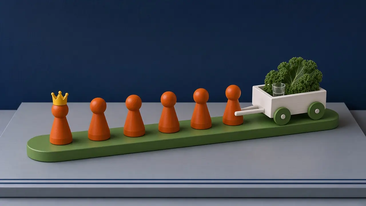 Sechs orangefarbene Spielfiguren auf einem grünen Deich, die erste mit gelber Krone, am Ende ein weißer Bollerwagen mit Grünkohl und einem kleinen Glas