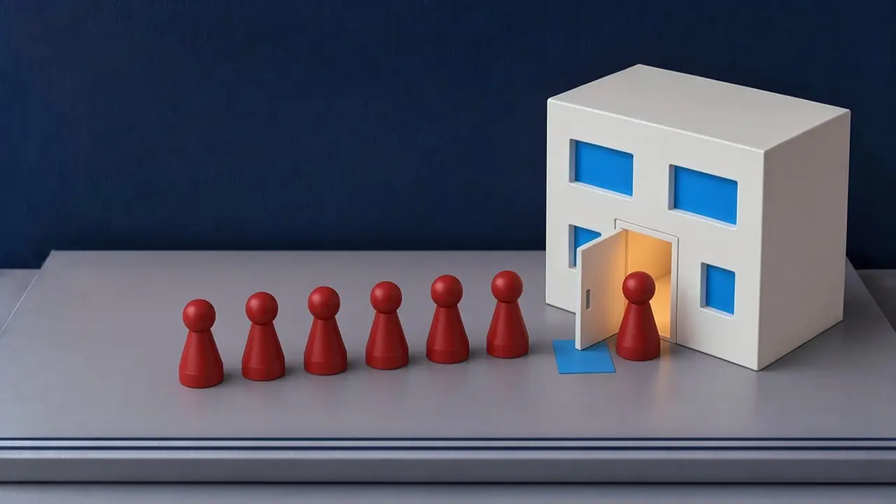 Sieben rote Spielfiguren in einer Reihe bis zur Hoteltür, vor der Tür eine himmelblaue Matte