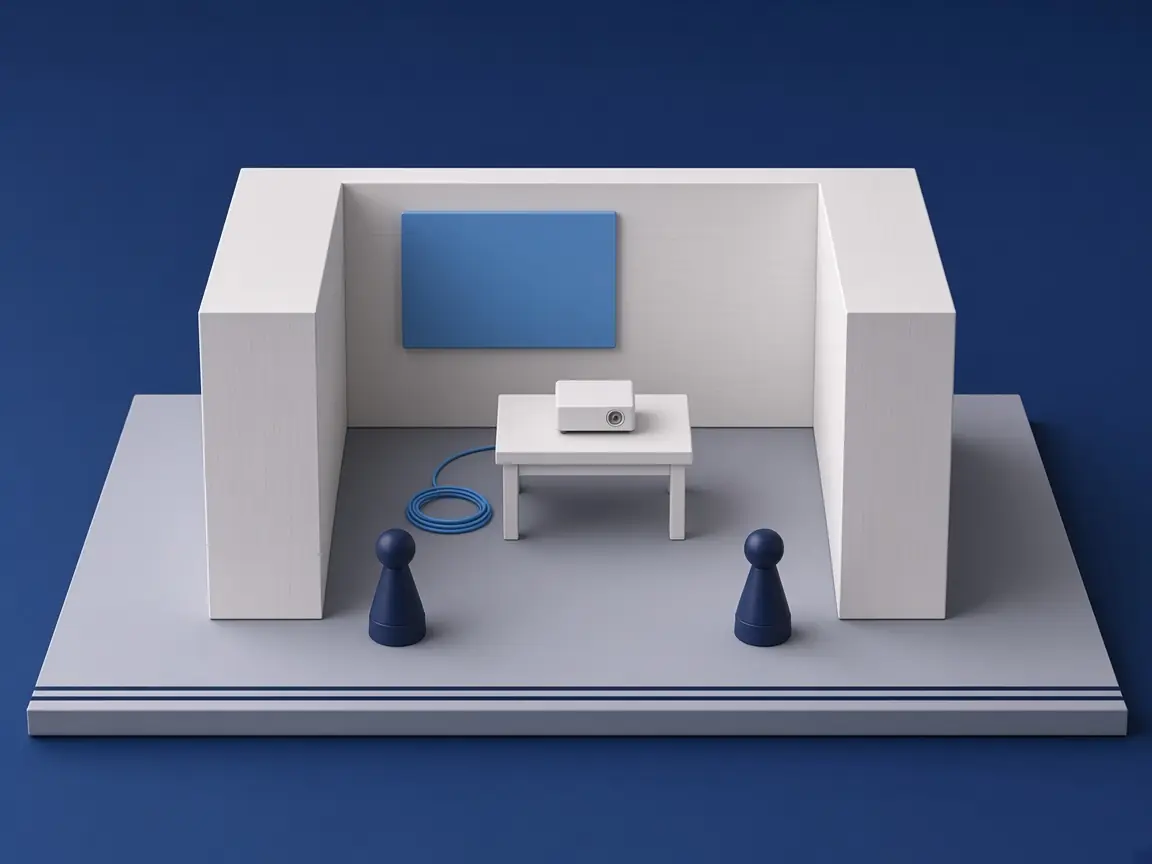 Offener Raum mit himmelblauer Wandtafel und einem weißen Tisch mit Beamer, davor eine himmelblaue Kabelrolle und zwei Spielfiguren in Navy
