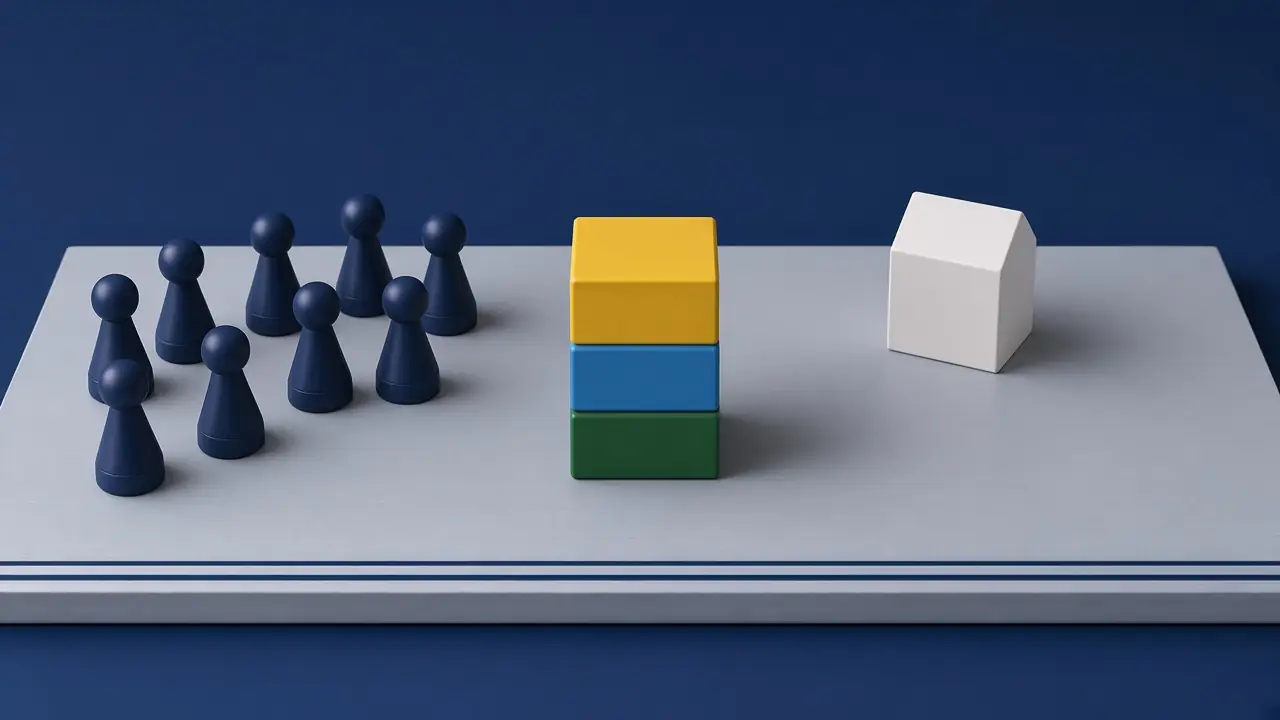 Neun dunkelblaue Spielfiguren links, in der Mitte ein Stapel aus grünem, blauem und gelbem Block, rechts ein kleines weißes Haus mit Satteldach