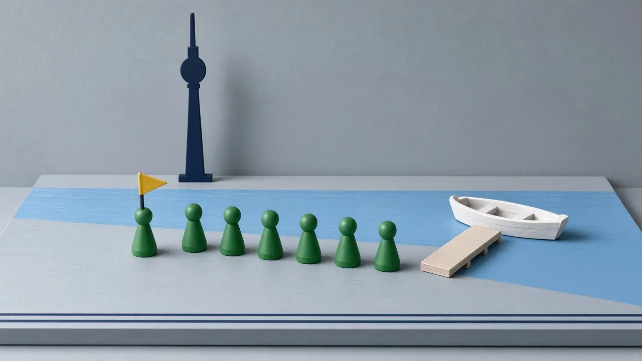 Sieben grüne Holzfiguren sind am Treffpunkt an der Spree angekommen