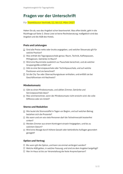 Seite 1 des Begleithefts: Fragen vor der Unterschrift mit Ankreuzkästchen, gegliedert in Preis und Leistungen, Mindestumsatz, Storno und Reduktion, Option und Vertrag.