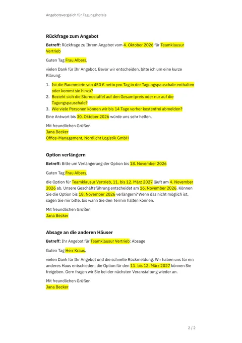 Seite 2 des Begleithefts: drei Mailtexte mit gelb markierten Feldern: Rückfrage zum Angebot, Option verlängern, Absage an die anderen Häuser.