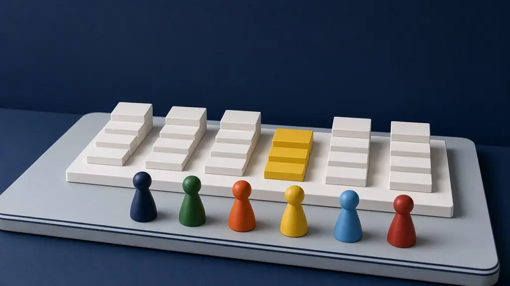 Sechs Spielfiguren vor sechs Stapeln weißer Holzplättchen wie ein Balkendiagramm, der niedrigste Stapel ist gelb