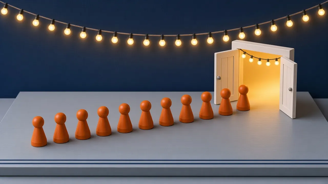 Die Gruppe geht zur Weihnachtsfeier in ein beleuchtetes Haus