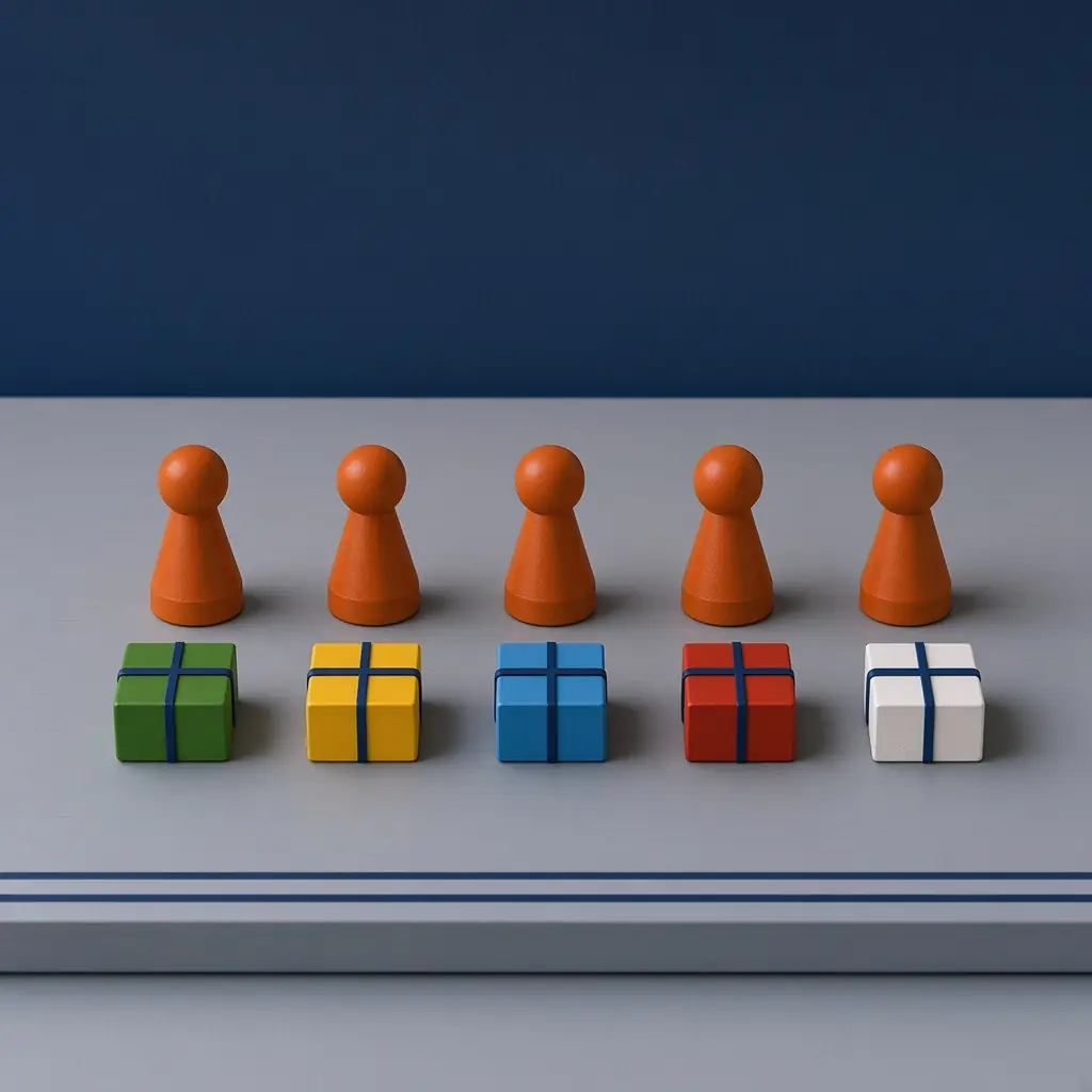 Fünf Spielfiguren mit je einem kleinen Geschenk