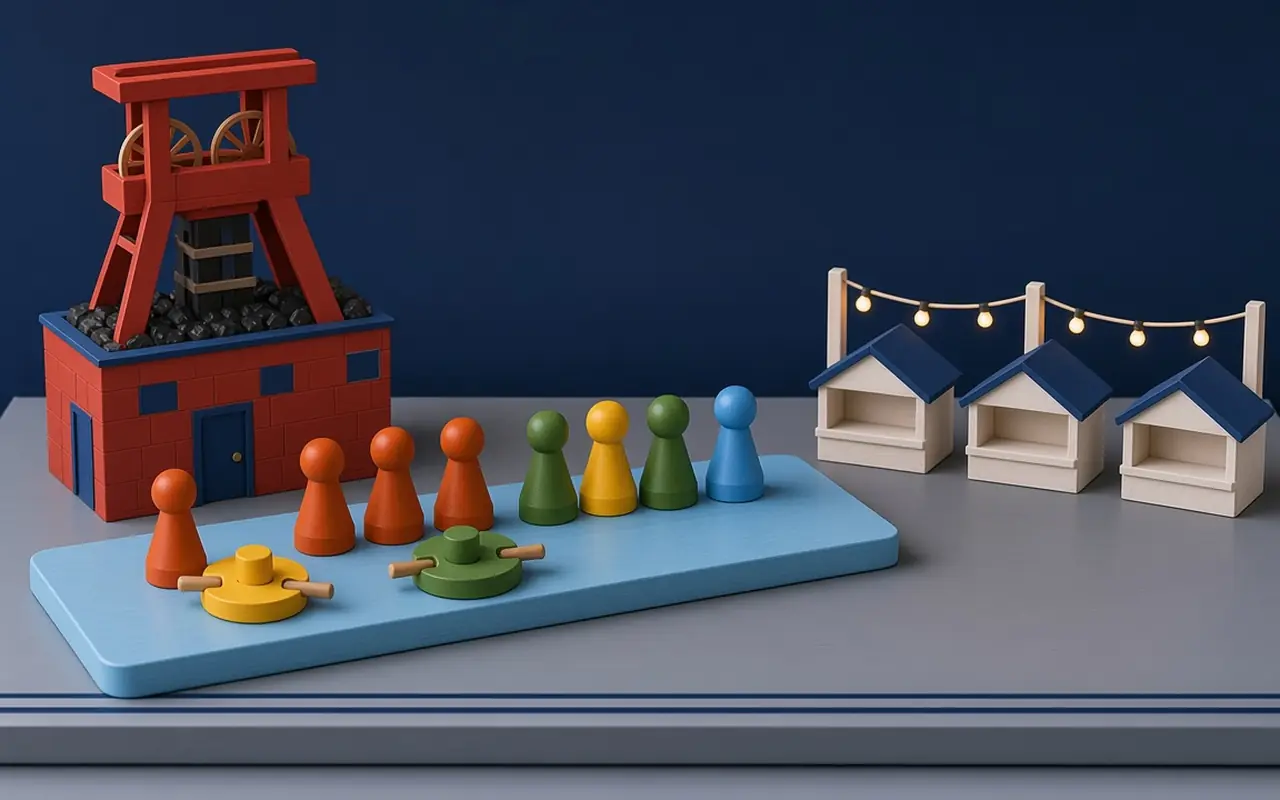 Bunte Holzspielfiguren an einer Weihnachtstafel mit Tannenbaum und Lichterkette