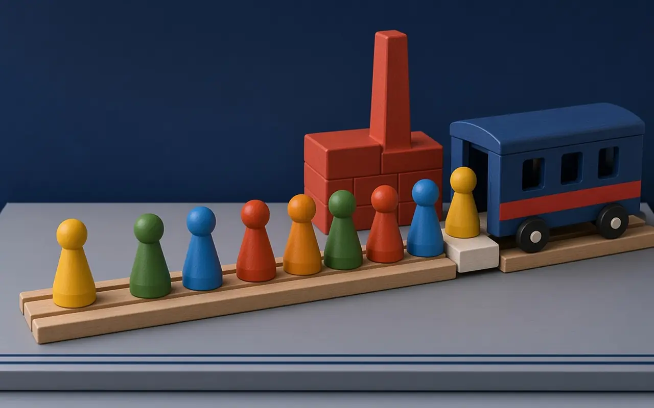 Bunte Holzspielfiguren sitzen zusammen an einer weißen Weihnachtstafel