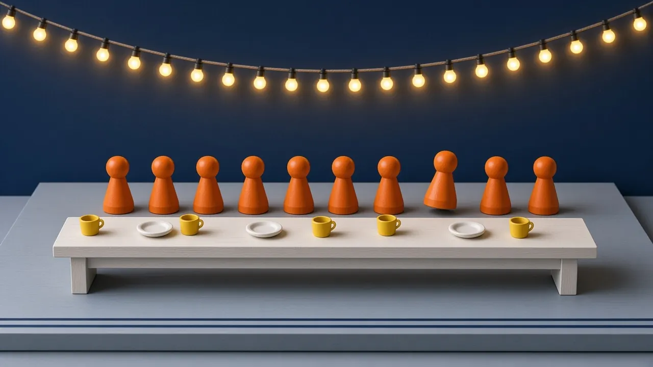 Lange Weihnachtstafel mit orangefarbenen Holzfiguren unter einer Lichterkette