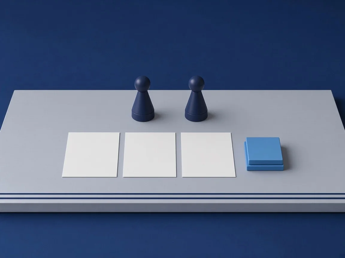 Zwei blaue Spielfiguren an einem grauen Tisch mit drei weißen Karten und einem blauen Stapel