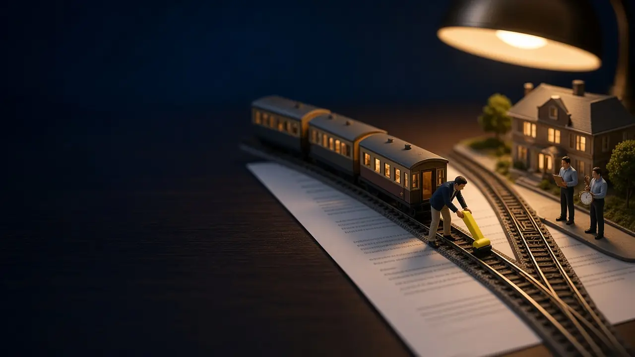 Modelleisenbahn im Maßstab 1:87 auf einem Schreibtisch bei Nacht. Drei leere Waggons warten auf einem Abstellgleis, das über ein Blatt Papier verläuft. Eine Figur legt an der Weiche einen gelben Hebel um, zwei weitere warten am Bahnsteig vor einem kleinen beleuchteten Hotel.