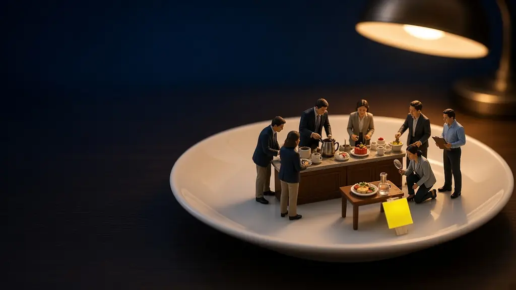 Diorama im Maßstab 1:87 bei Nacht: Auf einer weißen Untertasse stehen kleine Figuren in Businesskleidung an einem Kaffeebuffet mit Kannen, Tassen und Kuchen. Daneben steht ein einzelner Tisch mit einem Teller Mittagessen und einem leuchtend gelben Schild ohne Aufschrift.